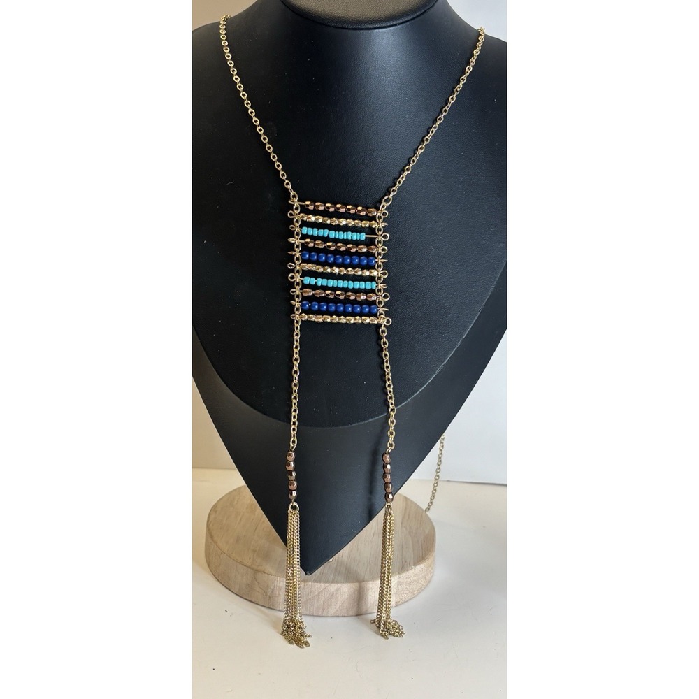 Vintage Long Boho Hippie Blue Gold Beads Tassels Gold Tone Necklace Hangs at 24"